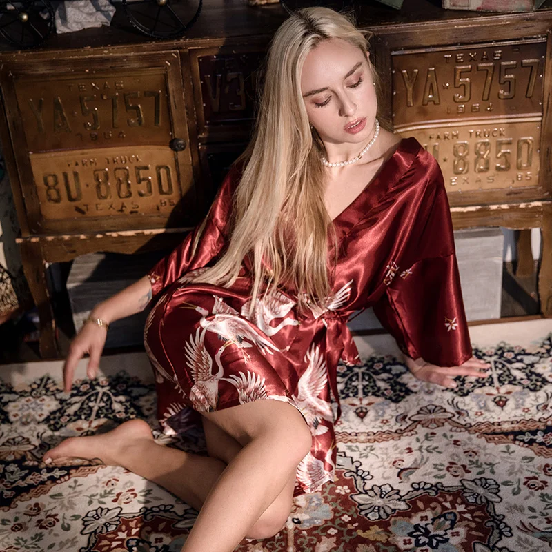 

Robes For Women Faux Silk Half Sexy Nightdress Plus Size Cardigan With Belt Bathrobe Spring Summer Autumn Home Cloths Sleepwear