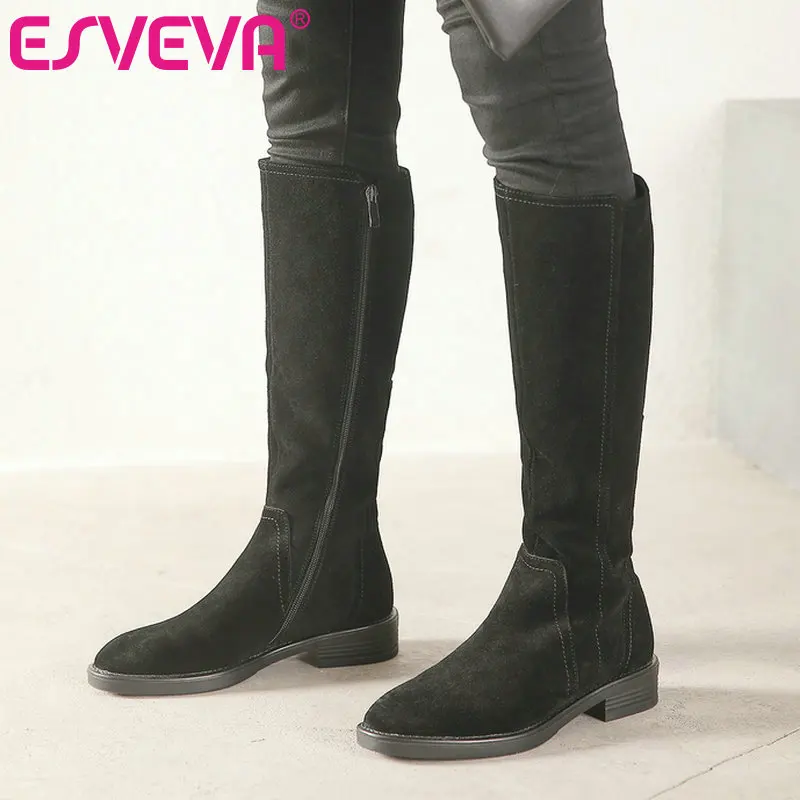 

ESVEVA 2020 Shoes Women Knee-high Boots Low Heel PU+Leather Suede Boots Platform Round Toe Elegant Motorcycle Boots Size 34-39