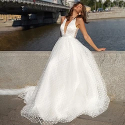 2021 A-Line V-Neck Wedding Dress Princess Polka-Dot Lacing Backless Tulle Bow Back Unique Design Bride Gown Vestidos De Noiva