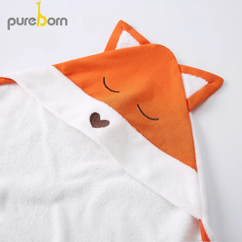 Полотенце для малышей Pureborn s, одеяло с капюшоном с рисунком лисы, впитывающее мягкое махровое хлопковое душевое полотенце для новорожденного, детские полотенца больших размеров