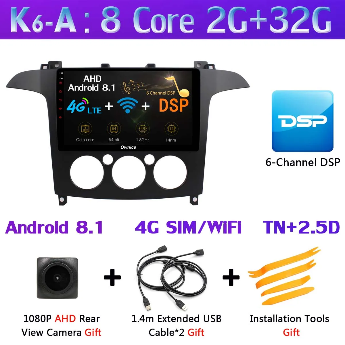360 ° камера 4G SIM Android 9,0 4G+ 64G gps Navi Радио CarPlay SPDIF DSP Автомобильный плеер стерео для Ford S-Max S Max 2007-2008 AT/MT - Цвет: K6-A