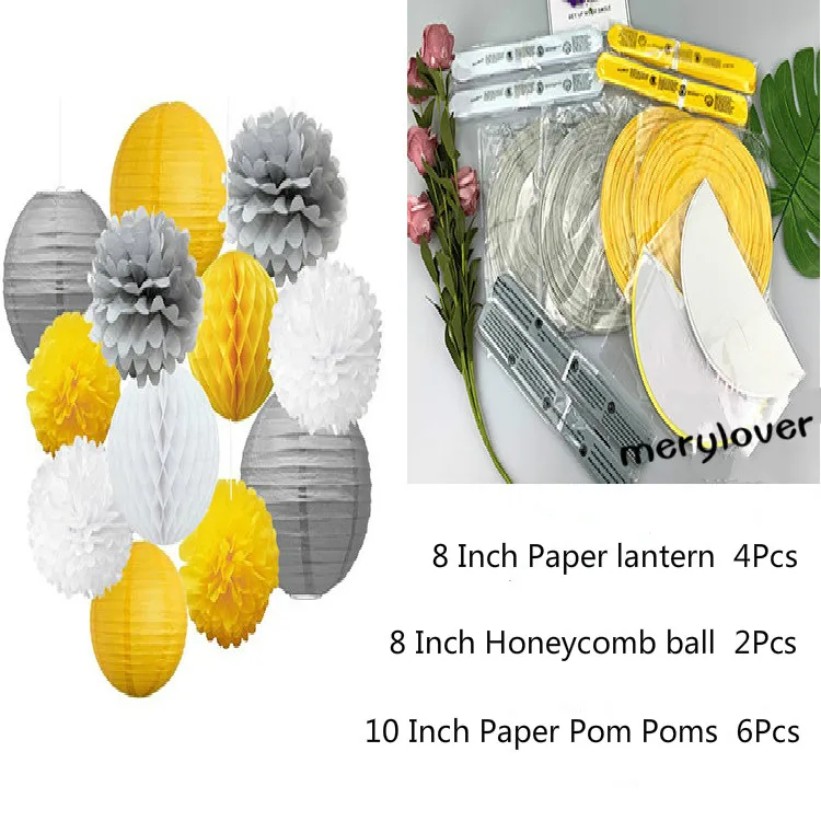 gray yellow 12pcs 12 шт./компл. смешанные бумажные помпоны мяч с бумажными сотами подвесной бумажный фонарик украшение на свадьбу День рождения DIY Детские шоу вечерние принадлежности - Цвет: gray yellow 12pcs