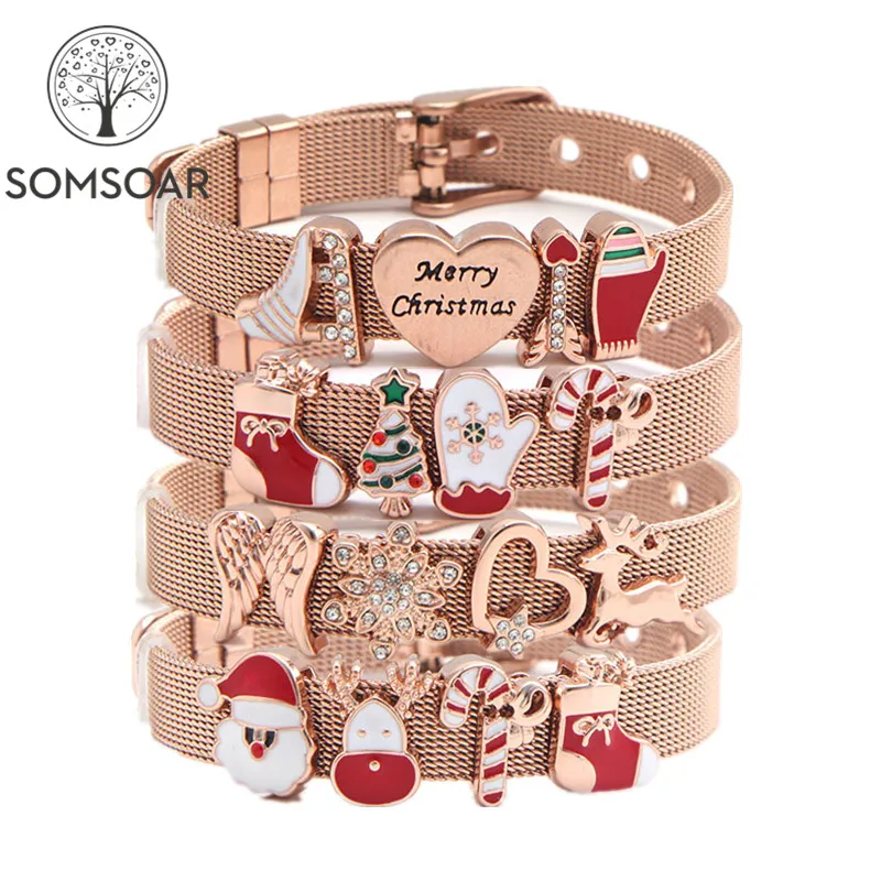 Somsoar Jewelry Xmas Slide Charm Bracelet Stainless Steel Rose Gold Mesh Bracelet Bangles as Christmas's Day Gift