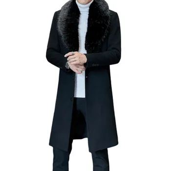 

Fashion Mens Woolen Fur Collar Long Coat Warm Outwear Slim Coat Male Long Winter Trench Coat High Quality Mens Overcoat Solid