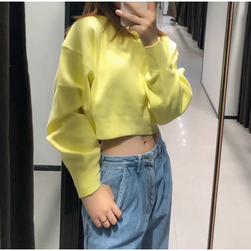 Autumn Casual Solid Short Sweatshirt Pullover Women Long Sleeve Hooded Hoody Ladies Fall Kawaii Women's Hoodies Pullovers
