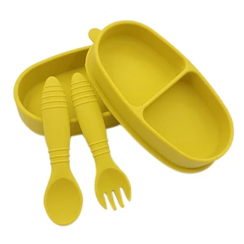 

Baby Training Feeding Anti Slip Silicone Suction Divide Food Bowl Spoon Fork Set P31B