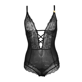 

Black Spaghetti Strap Cutout Deep V-neck Perspective Lace Sexy Bodysuit for Women Open Crotch Female Teddy Jumpsuit SLA037