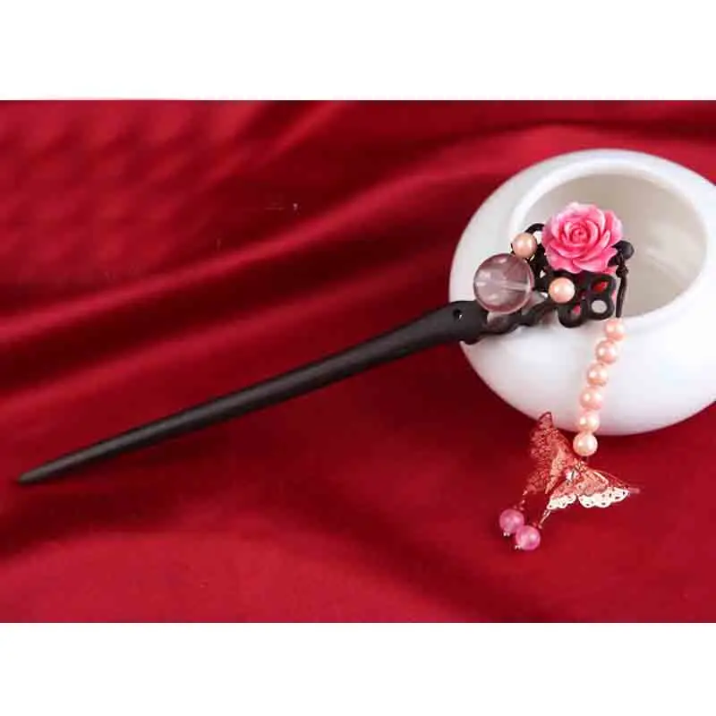 Kanzashi палочка для волос Элегантный держатель булочка черного дерева с жемчугом и кисточками китайское японское кимоно юката аксессуары для волос HS014