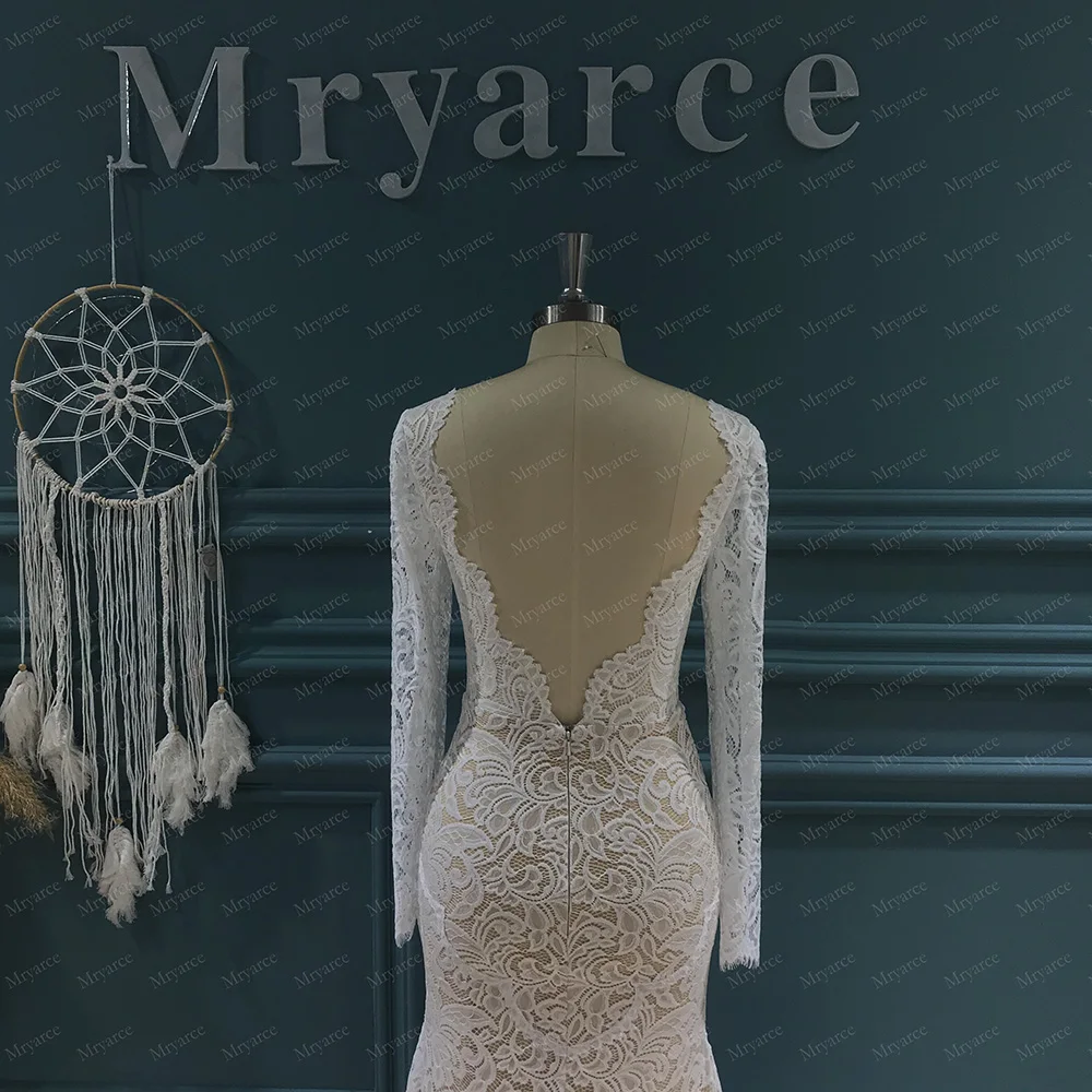 Mryarce 2022 Trending Flexible Long Sleeves Lace Bohemian Wedding Dress Open Back Bridal Gowns 3