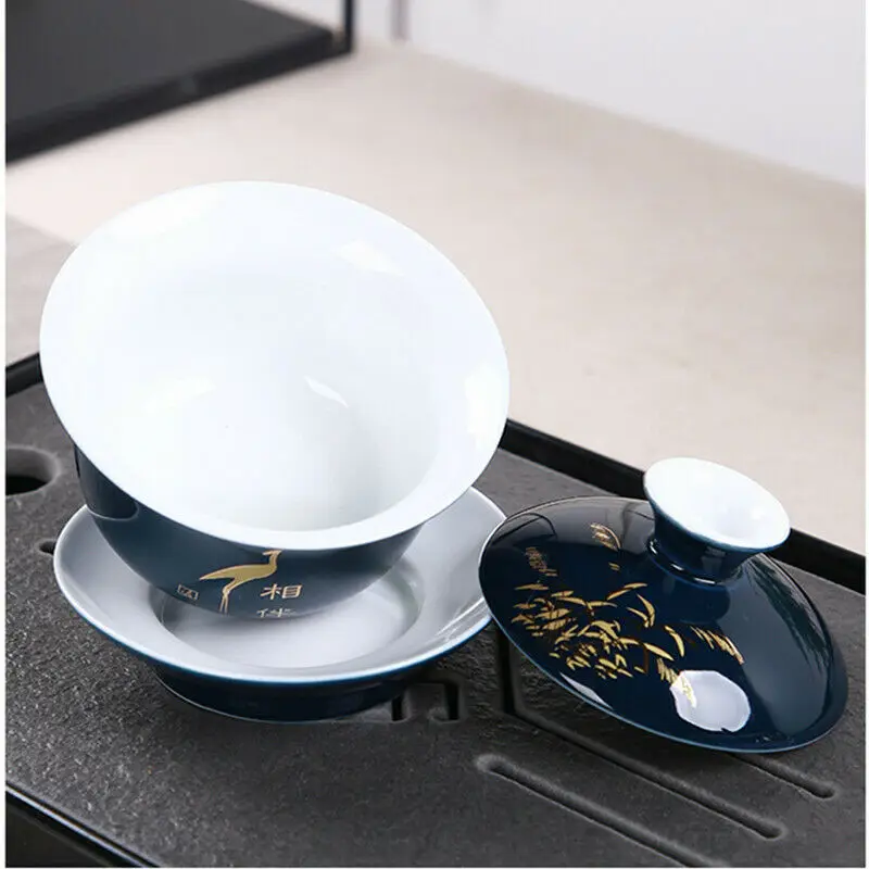 Блестящая голубая керамическая дегустационная чайная чашка Sancai Gaiwan чайная тарелка, китайская чайная чаша, чайная кофейная чашка и блюдце, набор, чашка для питья с крышкой