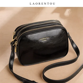 

LAORENTOU Retro Black Crossbody Bag Women Multi-function Large Capacity Messenger Bag for Ladies Split Leather Fashion Bag Flap