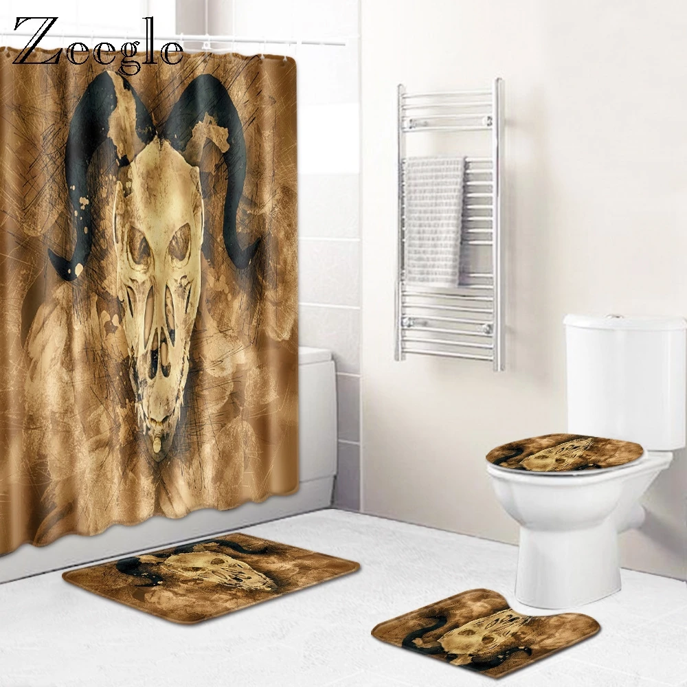 Zeegle Halloween Bath Mat Set 4pcs Bath Room Mat Set Waterproof Toilet Shower Curtain Anti-slip Bathroom Doormat Absorption Rug