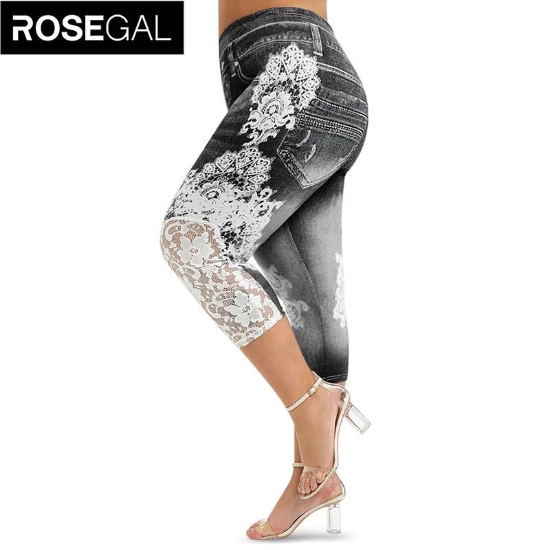 

ROSEGAL New Large Size Leggings Push Up 3D Lace Print Capri Elastic High Waist Women Summer Skinny Fitness Legging Pant Trouser