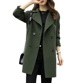 

Hot Women Autumn Winter Solid Lapel Double-breasted Midi Coat Woolen Outwear female outwear coat streetwear coat женская куртка