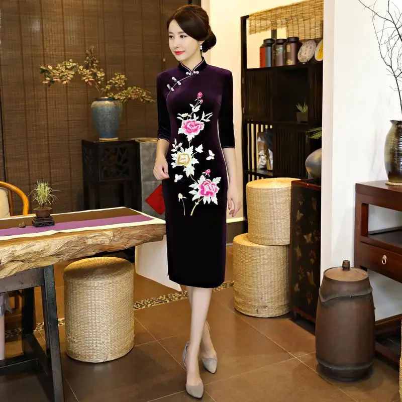 Вышивка на пуговицах в традиционном китайском стиле Cheongsam женская вечерняя вечерние платье сексуальное длинное Винтаж Qipao благородные Vestidos - Цвет: purple C