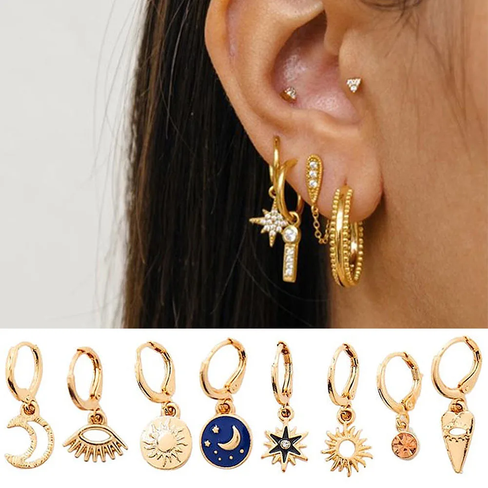 Real 18K Yellow Gold Earrings For Women Full Star Extra Small Hoop Earrings 9mmD