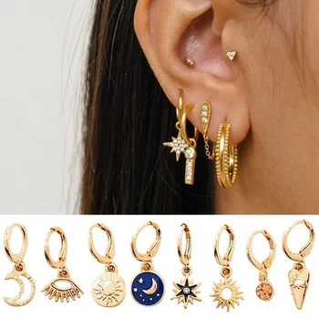 

JUST FEEL Star Moon Hoop Earrings for Women Gold Small Eyes Tiny Huggie Charm Hoops Earrings With Rhinestones Minimalist Jewelry