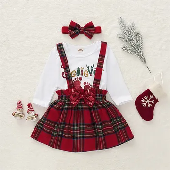 

Good Quality Toddler Baby Girl Christmas Tops Bodysuit + Strap Dress + Headband Xmas Clothes