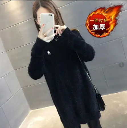 Plus velvet black New Women's Sweater Thickening Water Velvet Sweater Female Loose New Warm Long Section High Collar Dottoming Sweater - Цвет: Plus velvet black