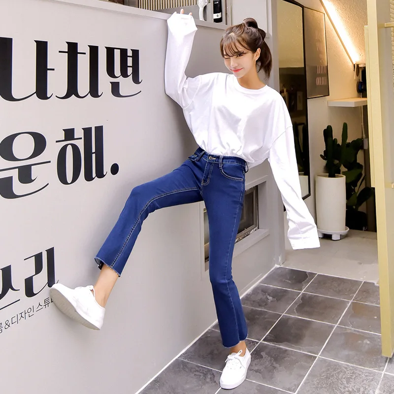 Синий Облегающие джинсы с высокой талией на молнии, женские джинсовые брюки с 9 точками, тянущиеся брюки с микро-рогом - Цвет: Синий