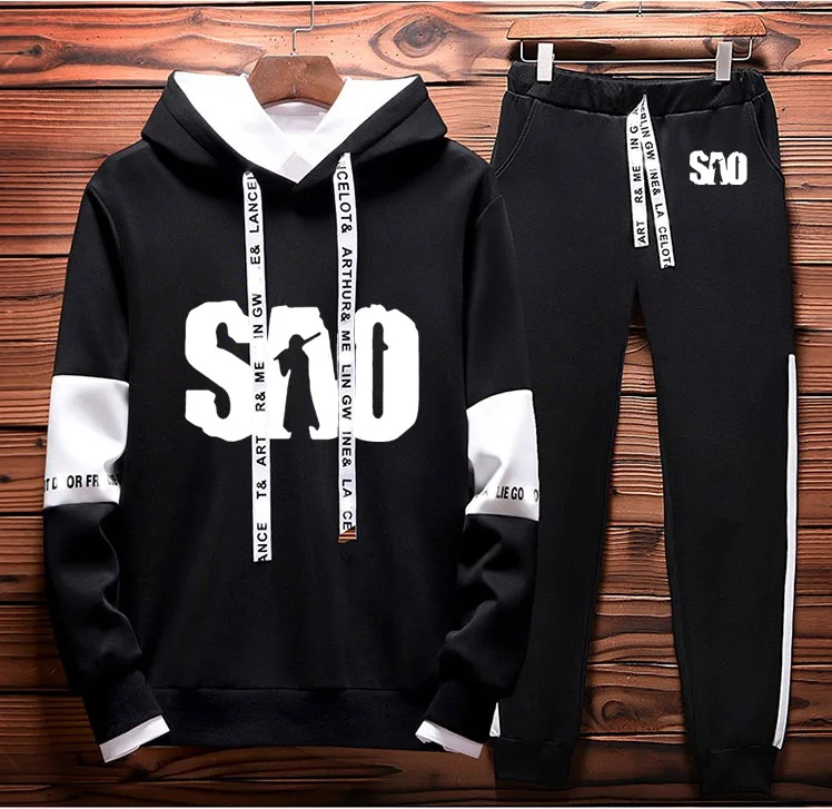 SAO Sword Art Online толстовки с принтом, Мужская Повседневная Толстовка Harajuku, модная уличная одежда, мужские толстовки с капюшоном, брюки, костюм из 2 предметов, спортивная одежда