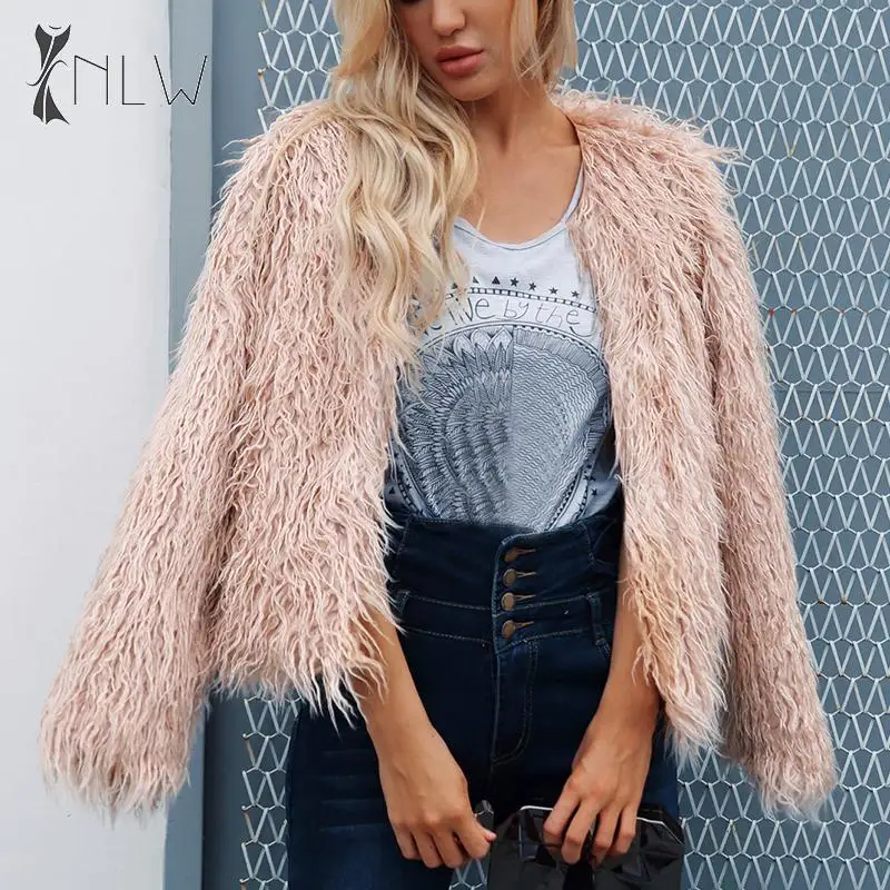 

NLW Faux Fur Green Short Coat Jacket Women 2019 Autumn Winter Fluffy Fashion Streetwear Windbreaker Slim Casual Coat