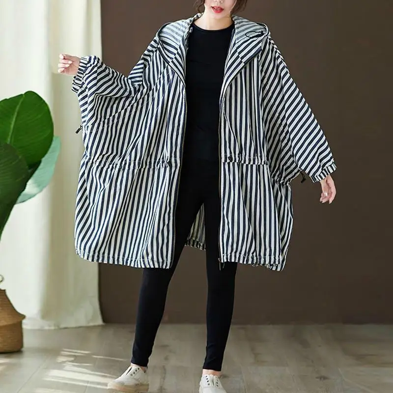 Длинное пальто с капюшоном размера плюс, Женское пальто, мода Mujer, весна, Свободное пальто с рукавами летучая мышь, пальто, 5XL 6XL 7XL, одежда - Цвет: striped