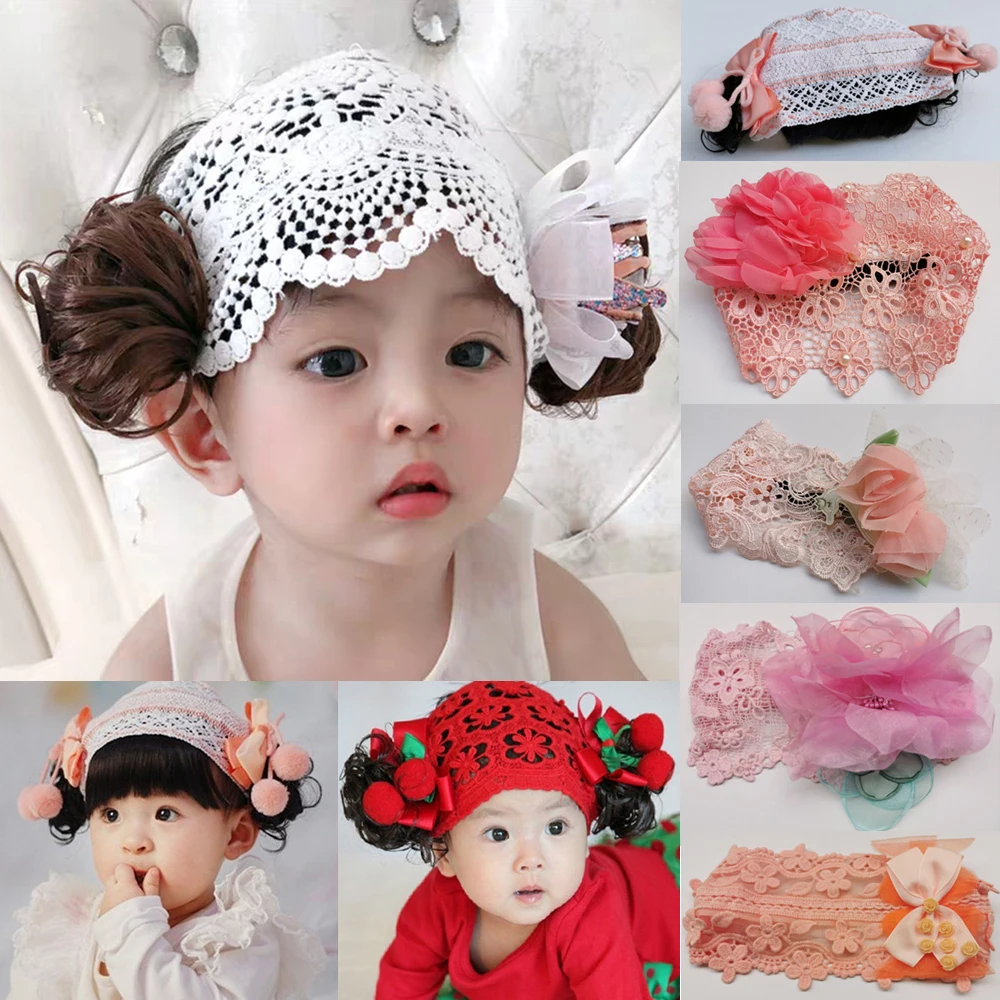 Изысканная эластичная повязка на голову с бантом для маленьких девочек; элегантная лента для волос; кружевной парик принцессы с цветами; головные уборы; аксессуары для волос