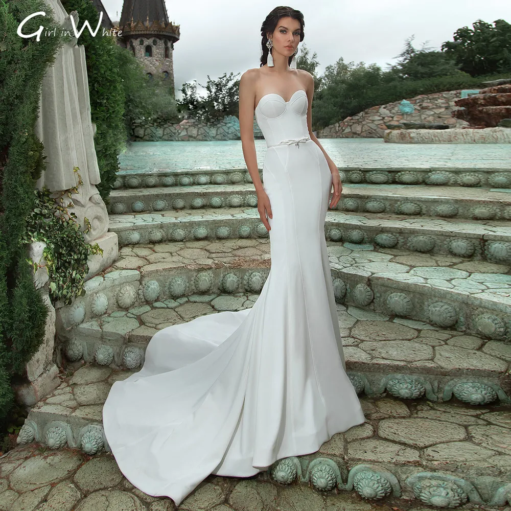 

Женское атласное свадебное платье-русалка, Привлекательное платье невесты без бретелек, с открытой спиной и шнуровкой