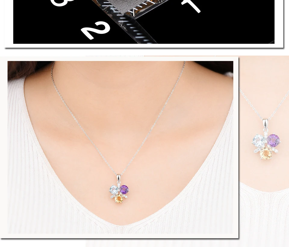 Hutang Women's Pendant Natural Color Gemstone Amethyst Citrine Blue Topaz 925 Sterling Silver Chain Fine Elegant Jewelry Gift