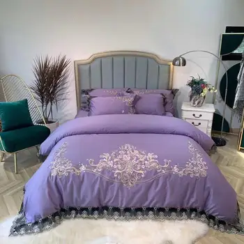 

Luxury purple embroidery Bud silk Egyptian cotton bedding set king duvet cover and pillow cases