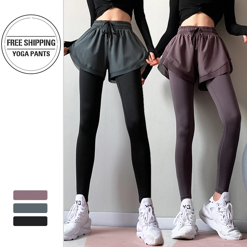 Women High Waisted Yoga Pants fake 2 IN 1 two pieces Seamless Leggings High Elastic for Fitness Running Exercise Tights Leggins