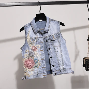 

Denim Jeans Pants Set Women Two Piece Sets 2020 Spring Autumn New Studded Beaded Embroidered Vest Jeans Suit Waistcoat and Jeans