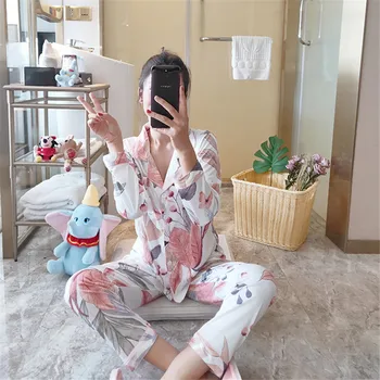 

Cute cotton pajamas set casual loose long-sleeved shirt lapel two-piece suit 2020 spring and autumn pajamas home service