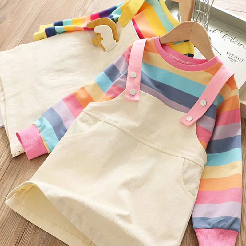 Mayfair Cabin/платье для девочек новое осеннее платье принцессы детская разноцветная футболка с радугой+ подтяжки для девочек, платье повседневная детская одежда