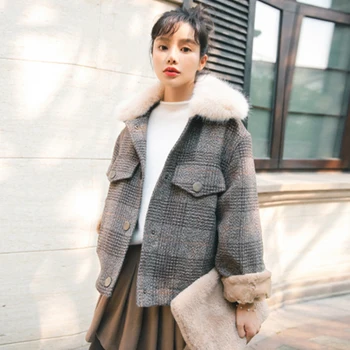 

Winter Plaid Fur Woolen Coat Women Vintage Long Sleeve Turn-down Collar Coat Jackets Female Casual Warm Thicken Woolen Coats