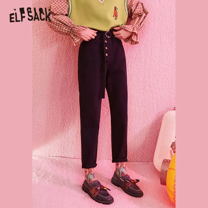 Женские однотонные повседневные брюки ELFSACK черные прямые свободные офисные со
