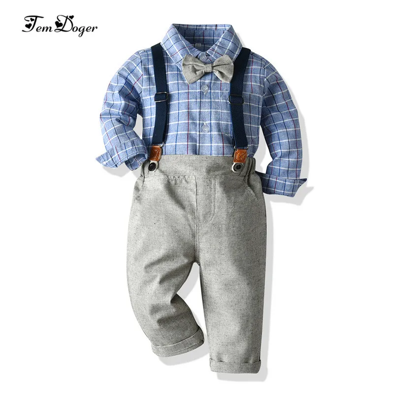 Tem doger/комплекты одежды для мальчиков коллекция года, зимняя детская одежда для мальчиков клетчатая рубашка с длинными рукавами и галстуком+ комбинезон комплект из 2 предметов детская одежда