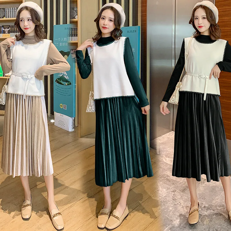

2019 Autumn And Winter New Style Knitted Vest Tops Mid-length Gold Velvet Pleated Skirt Pregnant Women Two-Piece Dress