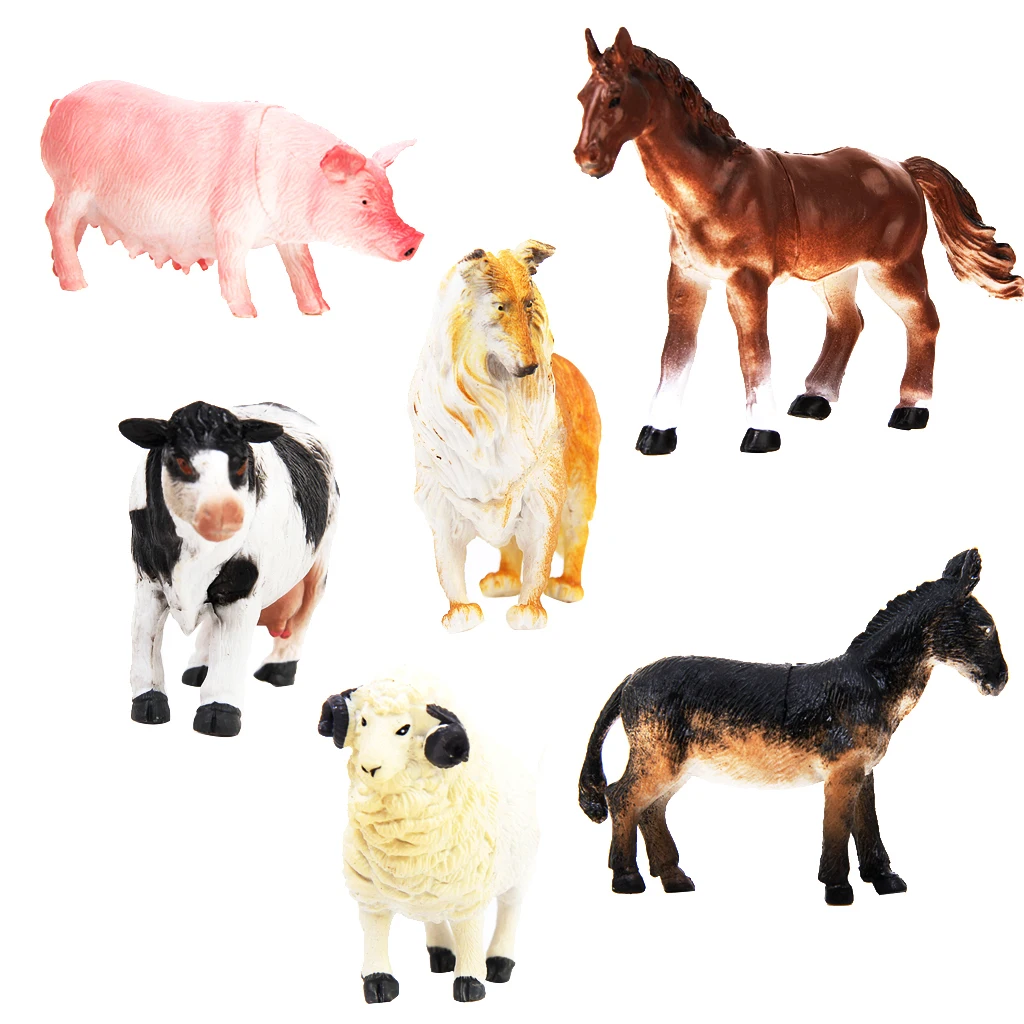 Kids Toys 6 pcs Farm Animal Model Set, Pig Dog Cow Sheep Horse Donkey