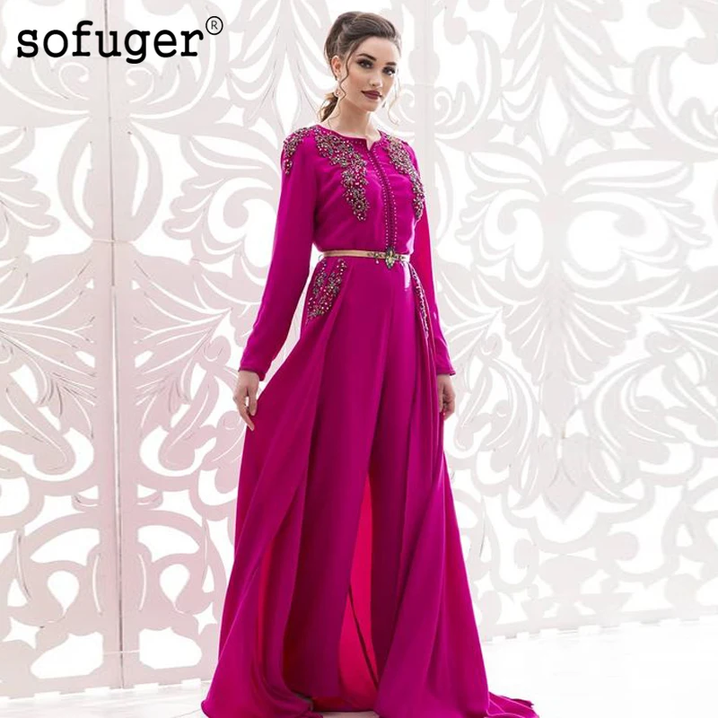 Fuschia мусульманские платья для матери невесты со съемным шлейфом с аппликацией Morrocan Кафтан Vestido de Renda вечерние костюмы