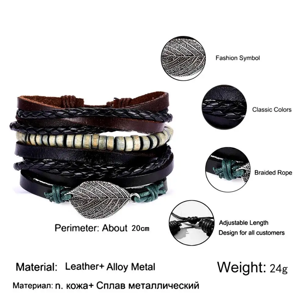 BR18Y0535 RINHOO винтажные кожаные браслеты для мужчин, богемные Многослойные Бусины, обертывание, панк-веревка, ювелирные изделия, подарок на день Святого Валентина, браслеты - Окраска металла: BR18Y0535