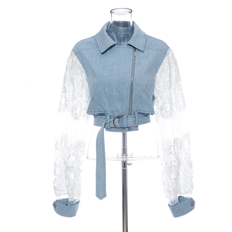 Lightblue VGH Лоскутная кружевная джинсовая куртка для женщин с отворотом воротник комбинезон для новорожденных с длинными рукавами хит цвет большой размер куртка Женская мода осень - Цвет: Lightblue