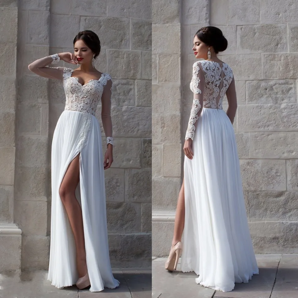 Romantische Witte Kant Strand Hoge Split Lange Mouwen Chiffon bruidsjurk Hollow Terug Vestido De Casamento 2018 bruidsmeisje jurken Romantische Witte Kant Strand Hoge Split Lange Mouwen Chiffon bruidsjurk Hollow Terug Vestido De Casamento 2018 bruidsmeisje jurken