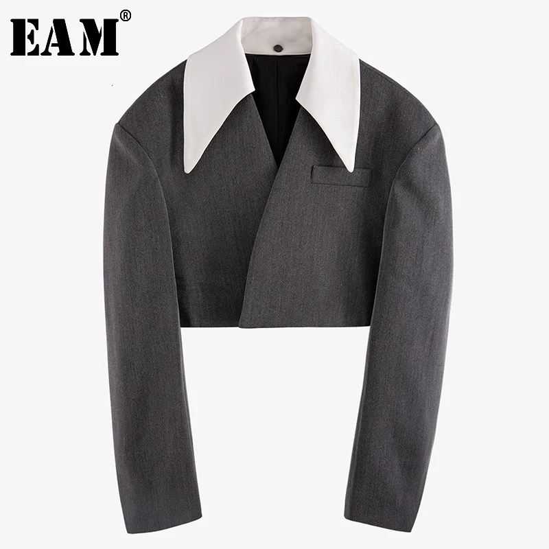 

[EAM] 2020 New Spring Autumn Lapel Long Sleeve Hit Color Split Joint Loose Personality Short Jacket Women Coat Fashion JX310