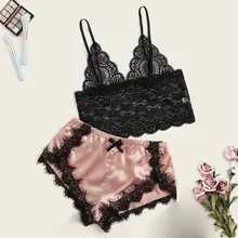 Сексуальная Женская атласная пижама кружева шелк сплошной камзол шорты Лук Набор пижамы Нижнее белье Пижама femme pizama damsk z1119