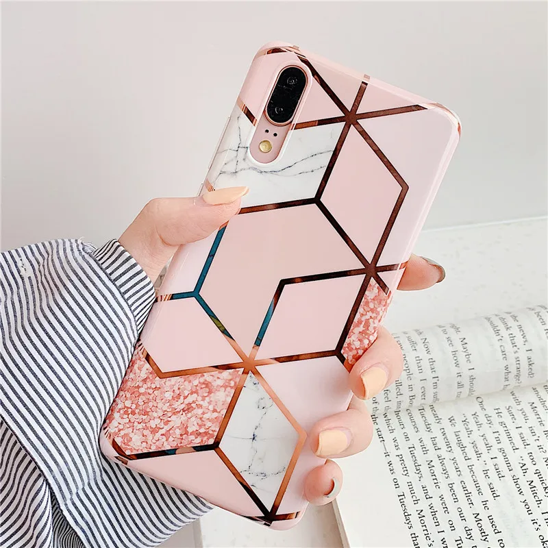 Гальванический геометрический мраморный чехол для телефона huawei P20 P30 Pro Lite mate 20 Pro Lite анти-шок розовый мягкий IMD задний Чехол