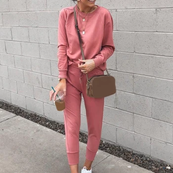 

Women Autumn Sport Solid Two Piece Set Knitted Tee Tops Loose Pencil Jogger Sweatpants Suit Tracksuit Matching Set Outfits