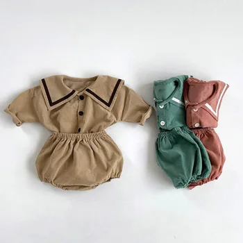 

children clothing 2020 autumn new Korea fashion and personality navy collar top and pant two piece set