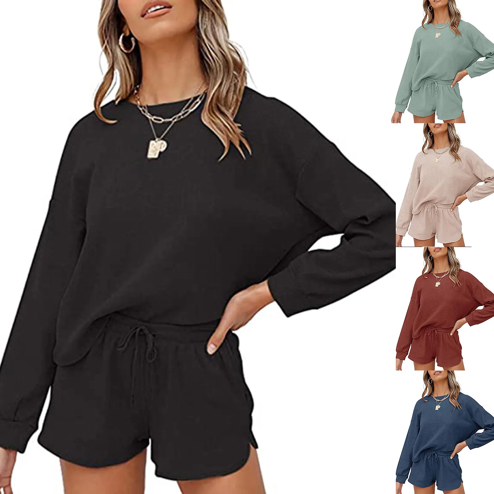 Women Oversized Tracksuit Solid Long Sleeve Sweatshirt +jogging Short Pants 2 Pieces Set Autumn Fitness Sportswear Suits#fs 1